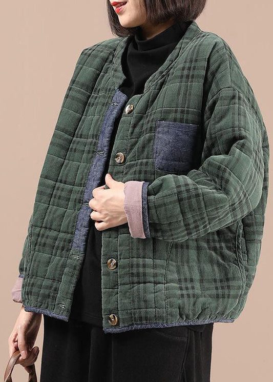  Green Plaid Patchwork Fine Cotton Filled Winter Coat - Down Jackets - DYAVOR® 