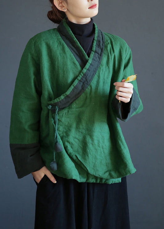  Green V Neck Tie Waist Warm Fleece Linen Parka Winter - Down Jackets - DYAVOR® 