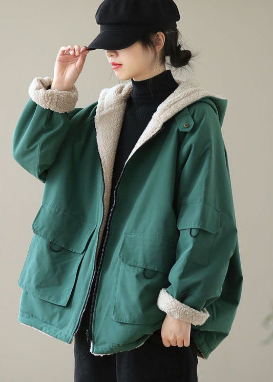  Green Warm Cotton Hooded Loose Coats Fuzzy Wool Lined Zip Up Winter - Down Jackets - DYAVOR® 