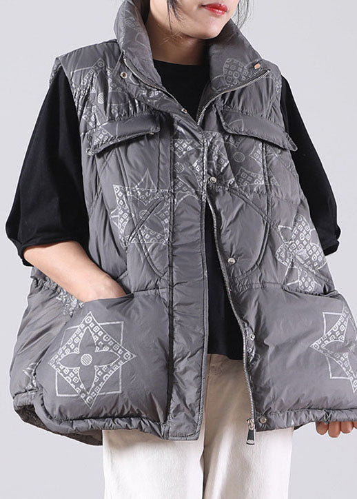  Grey zippered Pockets Print Winter Duck Down Sleeveless down vest - vests - DYAVOR® 
