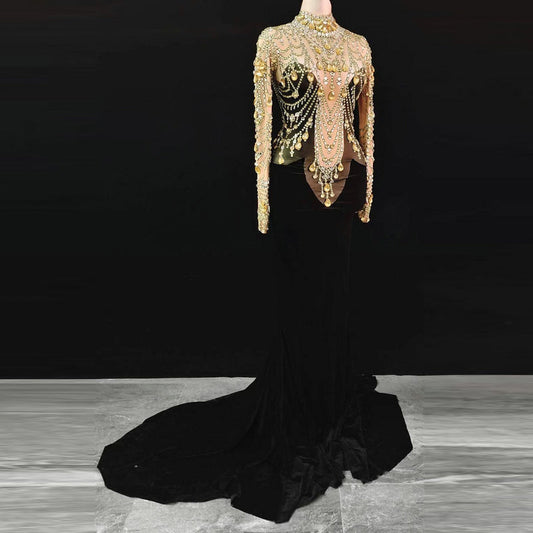  Handmade Gold Crystal Velvet Gown - Dresses - DYAVOR® 