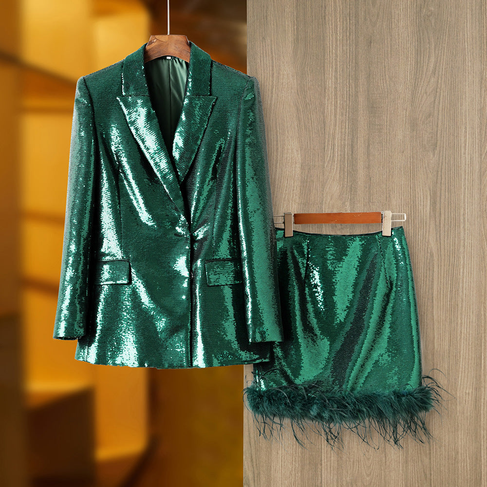  Green Sequin Feathers Two-Piece Set - Skirt Sets - DYAVOR® 