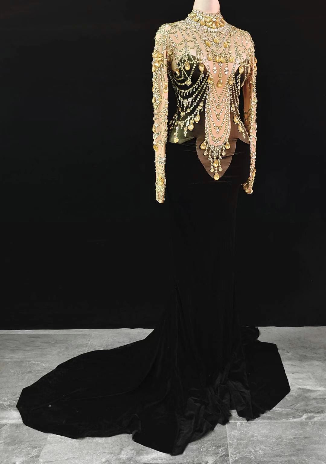 Handmade Gold Crystal Velvet Gown
