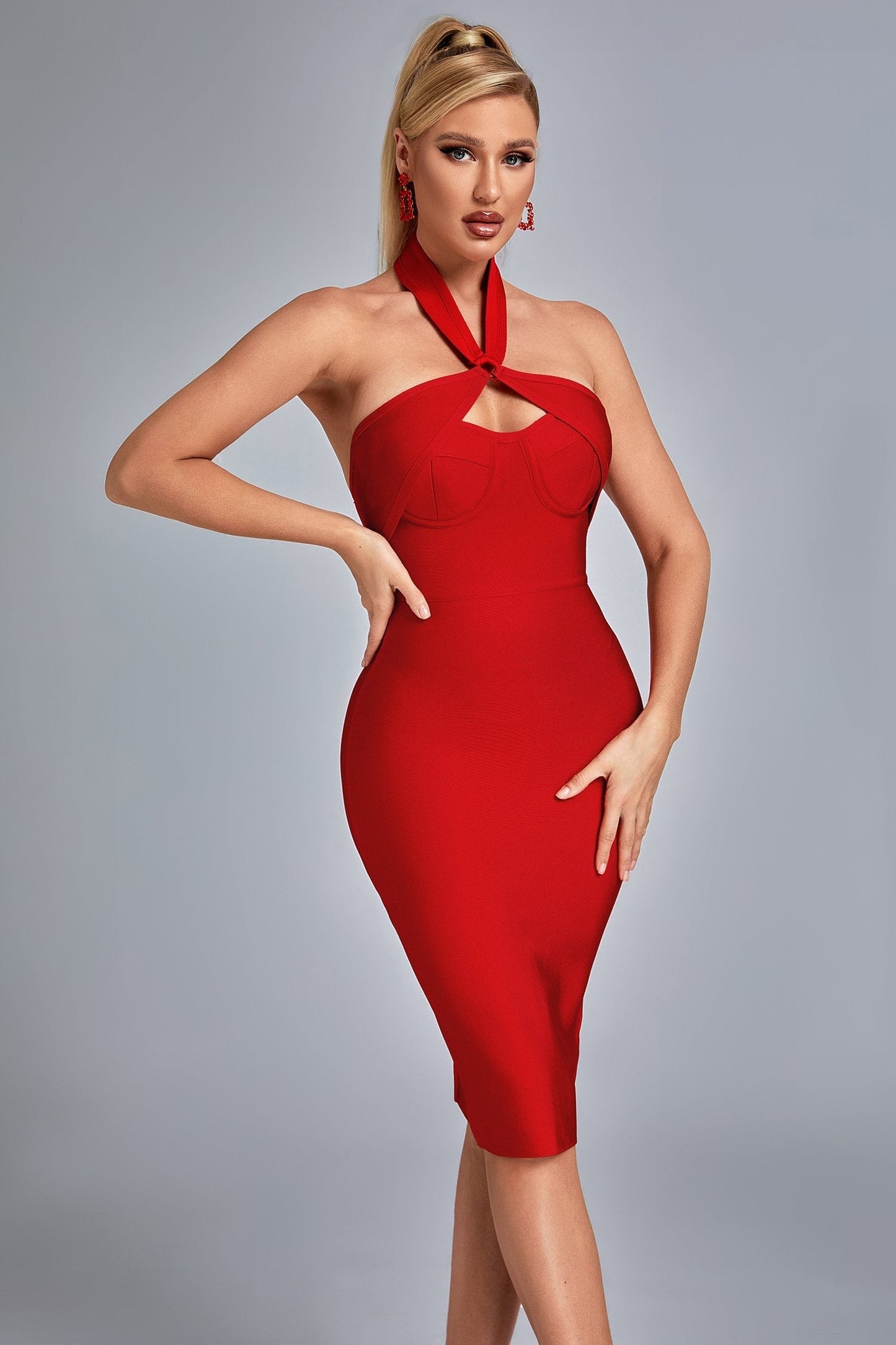 Backless Red Midi Bandage Dress