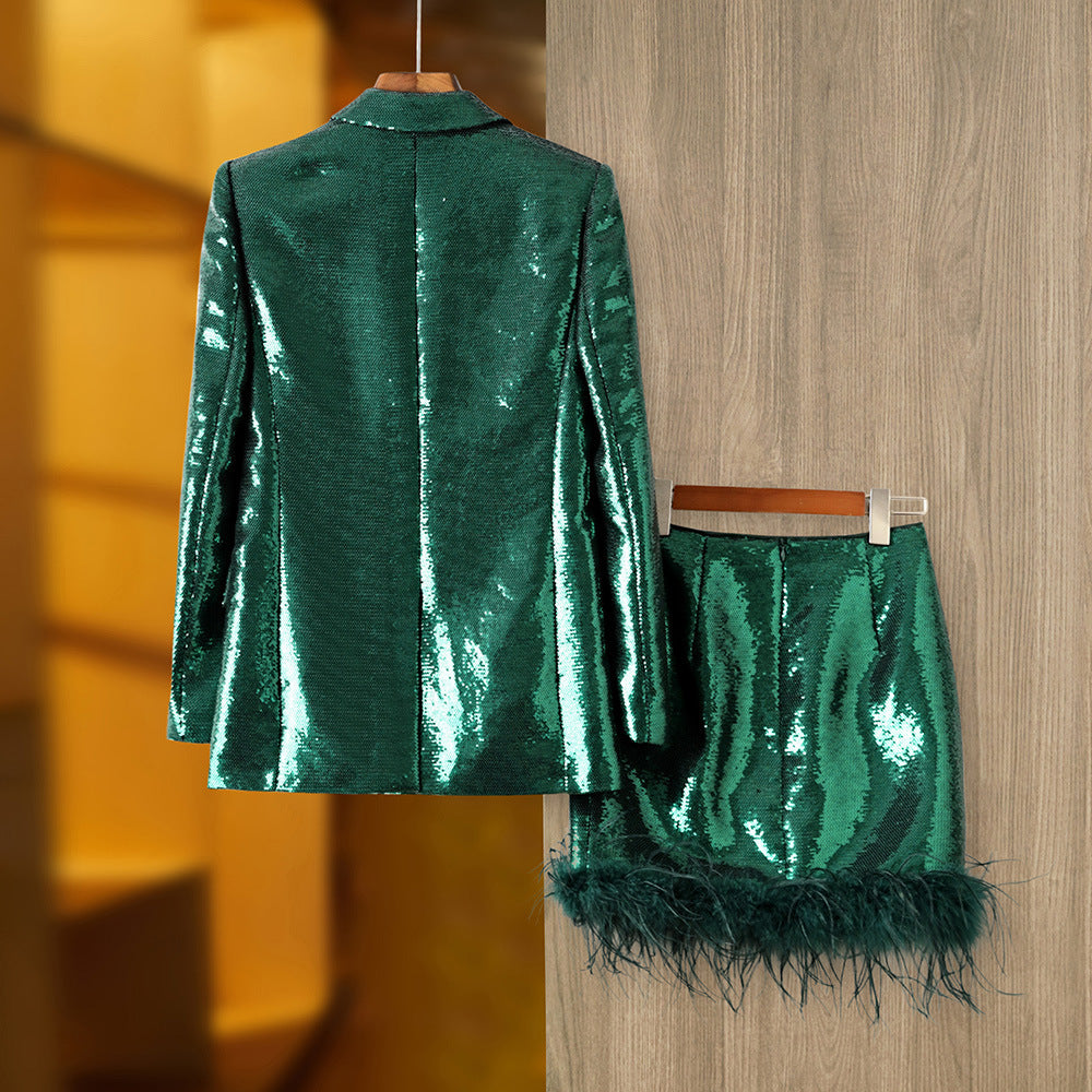  Green Sequin Feathers Two-Piece Set - Skirt Sets - DYAVOR® 