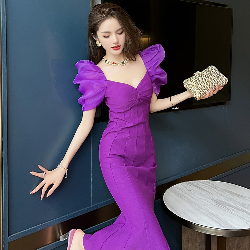 Pleated Puff Sleeve Purple Ball Gown