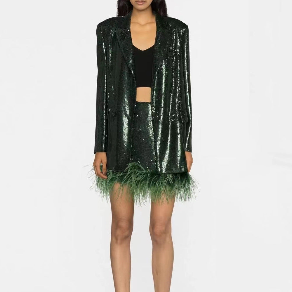  Green Sequin Feathers Two-Piece Set - Skirt Sets - DYAVOR® 