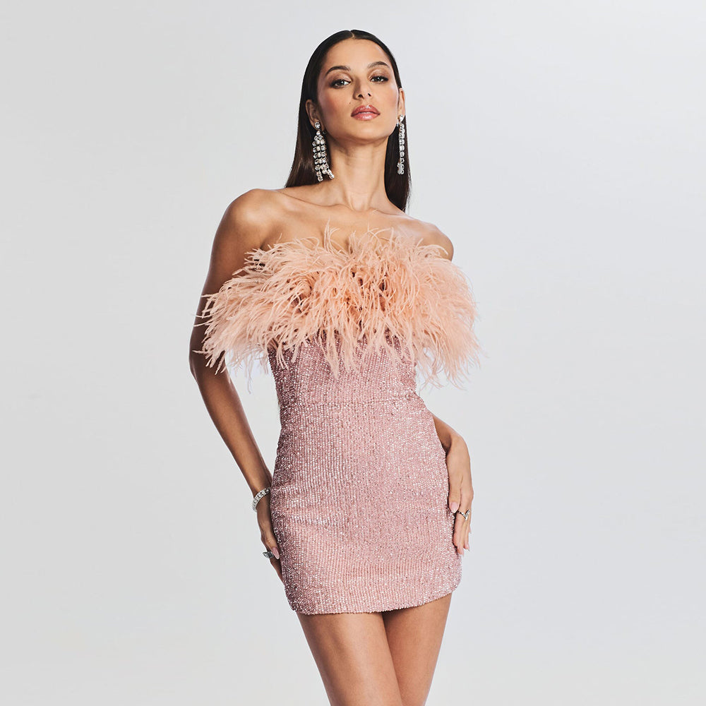  Chic Pink Feather Mini Dress - Dresses - DYAVOR® 