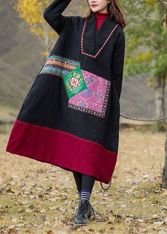  Handmade Black V Neck Patchwork Embroideried Fine Cotton Filled Gown Winter - Down Jackets - DYAVOR® 