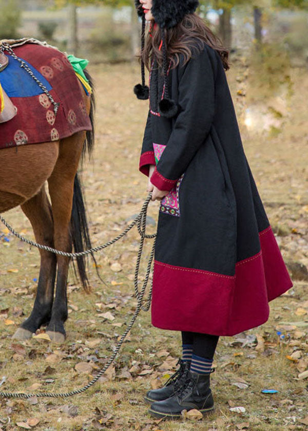  Handmade Black V Neck Patchwork Embroideried Fine Cotton Filled Gown Winter - Down Jackets - DYAVOR® 
