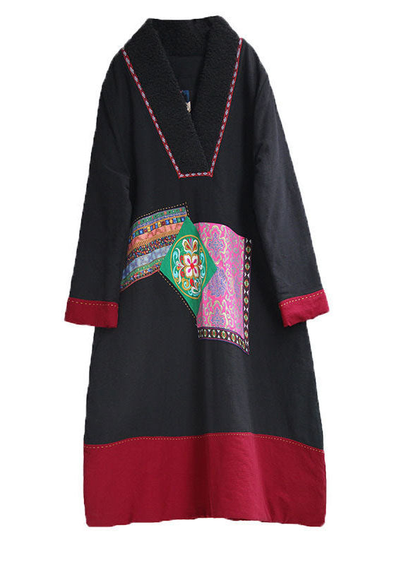  Handmade Black V Neck Patchwork Embroideried Fine Cotton Filled Gown Winter - Down Jackets - DYAVOR® 