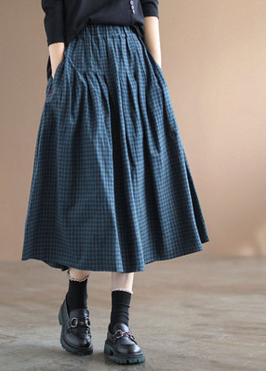  Handmade Blue Plaid Elastic Waist Pockets Fall Skirt - Skirts - DYAVOR® 