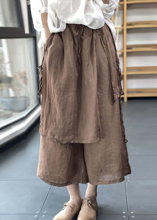  Handmade Coffee Elastic Waist Drawstring Asymmetrical Linen Wide Leg Pants Summer - Pants - DYAVOR® 