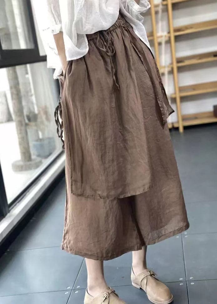  Handmade Coffee Elastic Waist Drawstring Asymmetrical Linen Wide Leg Pants Summer - Pants - DYAVOR® 