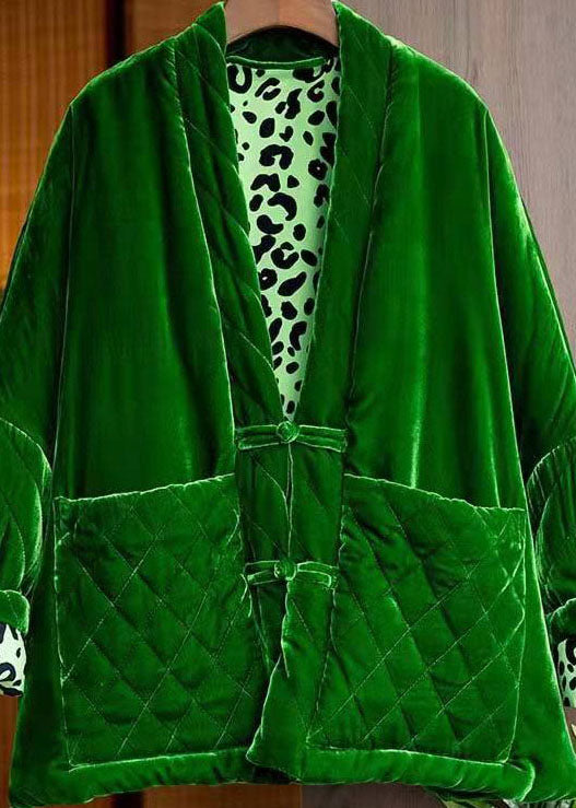  Handmade Green V Neck Pockets Velour Winter Coat - Down Jackets - DYAVOR® 