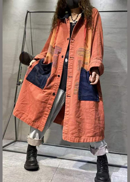  Handmade Orange Pockets Button Casual Fall Denim Long sleeve Coat - Trench coats - DYAVOR® 