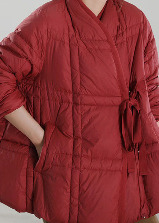  Handmade Red V Neck tie waist Duck Down Down Coat Winter - Down Jackets - DYAVOR® 