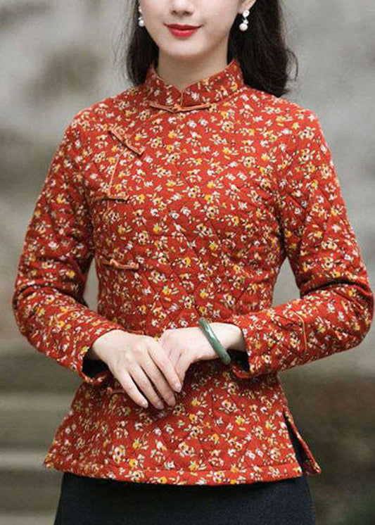  Handmade Red side open Stand Collar button Print Fine Cotton Filled tops Winter - Down Jackets - DYAVOR® 