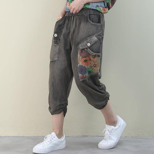 Handmade denim blue casual elastic waist patchwork Shape wide leg pants -  - DYAVOR® 