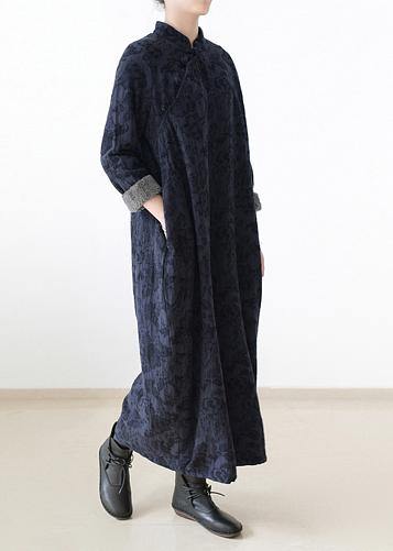  Handmade navy thick cotton clothes For Women Chinese Button loose o neck Dresses -  - DYAVOR® 