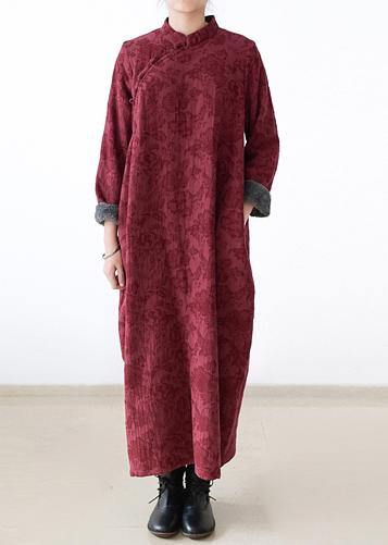  Handmade navy thick cotton clothes For Women Chinese Button loose o neck Dresses -  - DYAVOR® 