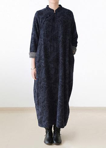  Handmade navy thick cotton clothes For Women Chinese Button loose o neck Dresses -  - DYAVOR® 