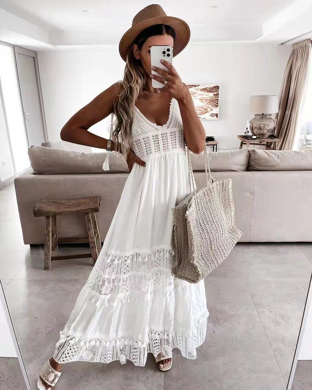 Boho Dress for Women|Bohemian Dress|Midi Boho Dress| Vintage Solid V-neck Backless Hollow Out Maxi DressBodycon Lace White Boho Dresses|Wedding Guest Dress