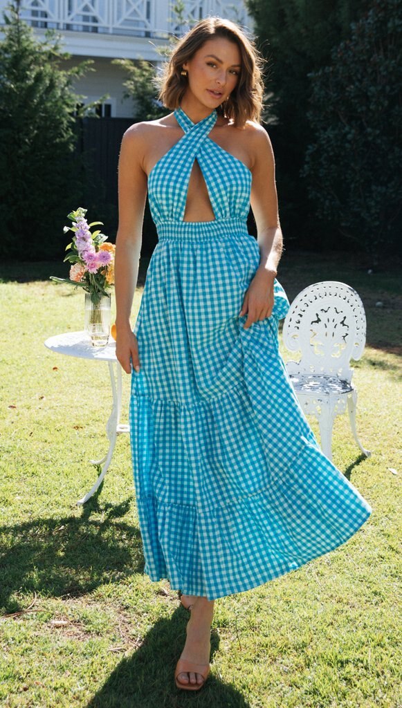 Boho Dress for Women|Bohemian Dress|Midi Boho Dress| Blue Plaid Halter Bohemian Maxi DressNeck-mounted Backless Boho Sundress|Wedding Guest Dress