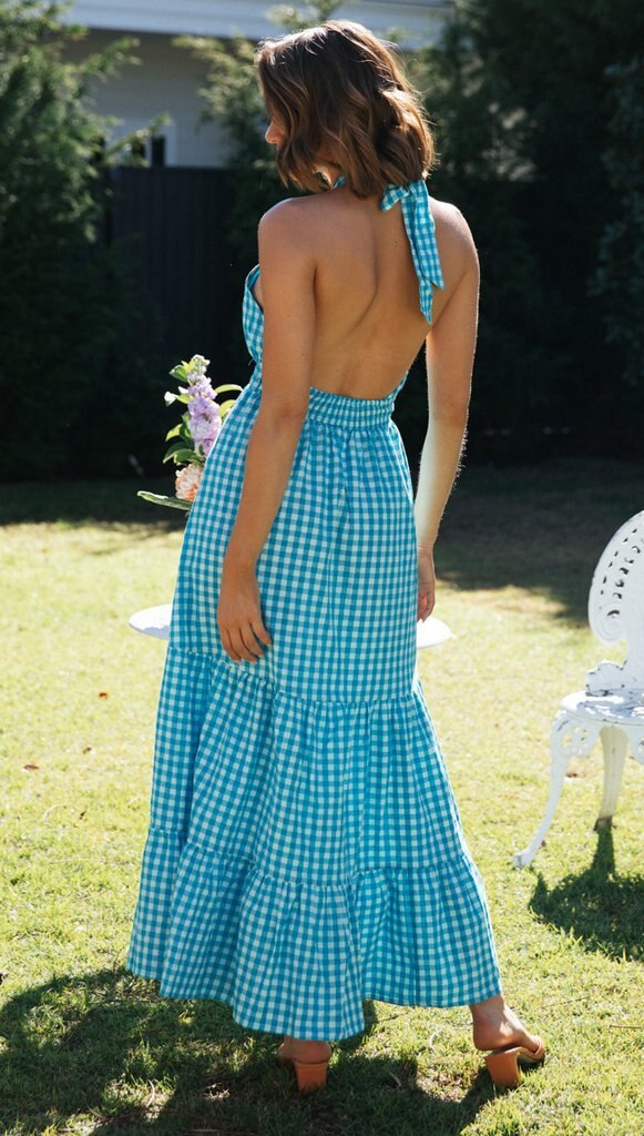 Boho Dress for Women|Bohemian Dress|Midi Boho Dress| Blue Plaid Halter Bohemian Maxi DressNeck-mounted Backless Boho Sundress|Wedding Guest Dress