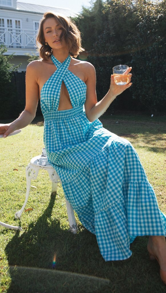 Boho Dress for Women|Bohemian Dress|Midi Boho Dress| Blue Plaid Halter Bohemian Maxi DressNeck-mounted Backless Boho Sundress|Wedding Guest Dress