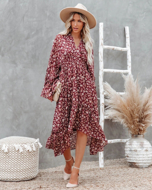 Boho Dress for Women|Bohemian Dress|Midi Boho Dress| Long Flare Sleeve Sashes Bohemian Maxi DressV-neck Irregular Boho Sundress|Wedding Guest Dress