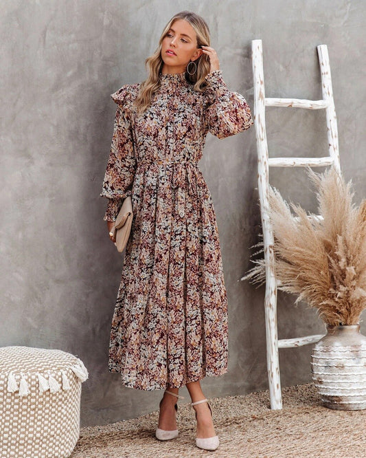 Boho Dress for Women|Bohemian Dress|Midi Boho Dress| Long Sleeve Sashes Bohemian Maxi DressTurtlrneck Boho Sundress Robe|Wedding Guest Dress