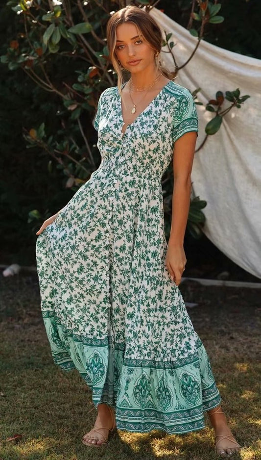 Boho Dress for Women|Bohemian Dress|Midi Boho Dress| Green Short Sleeve  Bohemian Maxi Dresses RobeButton Summer Boho Dress Vestidos|Wedding Guest Dress