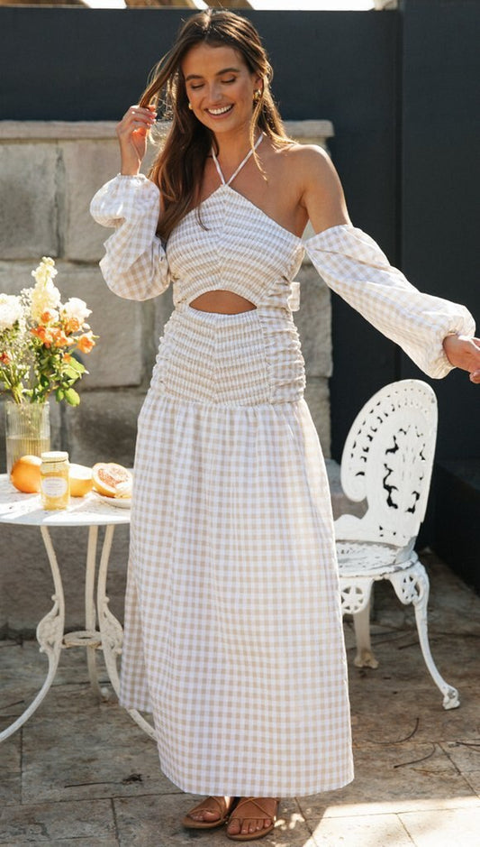 Boho Dress for Women|Bohemian Dress|Midi Boho Dress| Plaid Long Sleeve Backless Bohemian Maxi Dress Strapless Hollow Out Halter Boho Sundress|Wedding Guest Dress