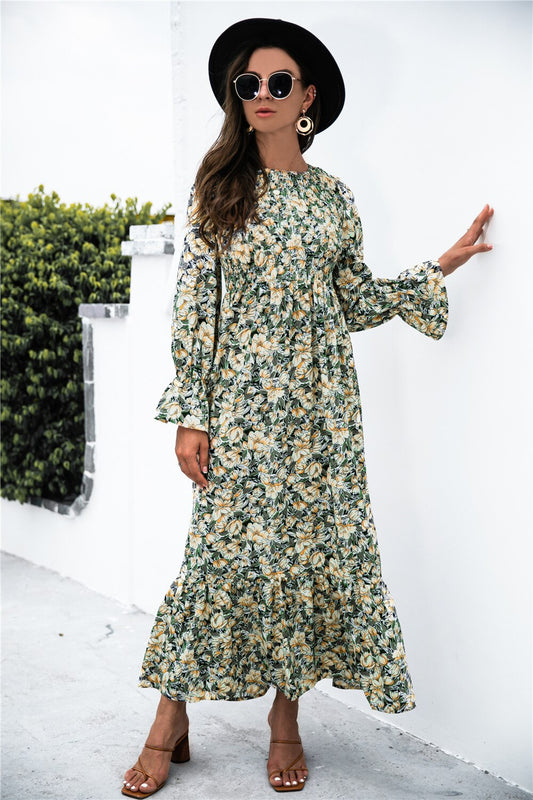 Boho Dress for Women|Bohemian Dress|Midi Boho Dress| Wave Point Long Sleeve Bohemian Maxi DressO-neck Ruffles Boho Sundress Vestidos|Wedding Guest Dress