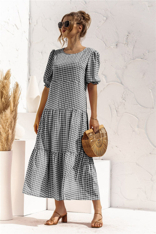 Boho Dress for Women|Bohemian Dress|Midi Boho Dress| Wave Lattice Short Sleeve Loose Bohemian Maxi DressV-neck Boho Sundress Vestidos|Wedding Guest Dress