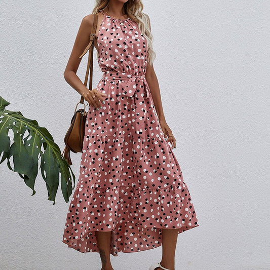 Boho Dress for Women|Bohemian Dress|Midi Boho Dress| Wave Point Backless Sashes Bohemian Maxi DressO-neck Boho Sundress Vestidos|Wedding Guest Dress