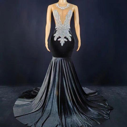 Exquisite Crystal Velvet Evening Dress