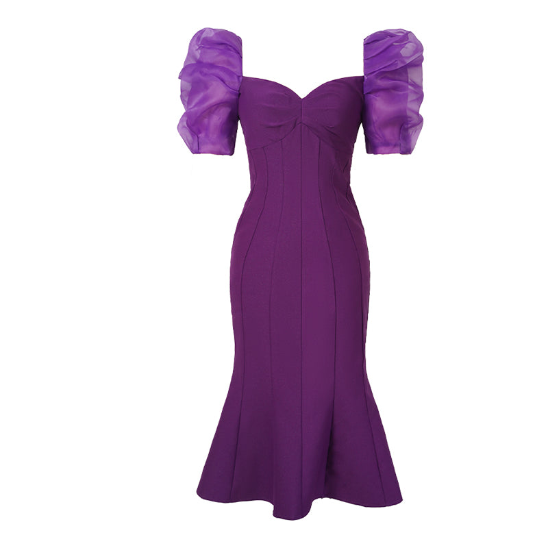 Pleated Puff Sleeve Purple Ball Gown