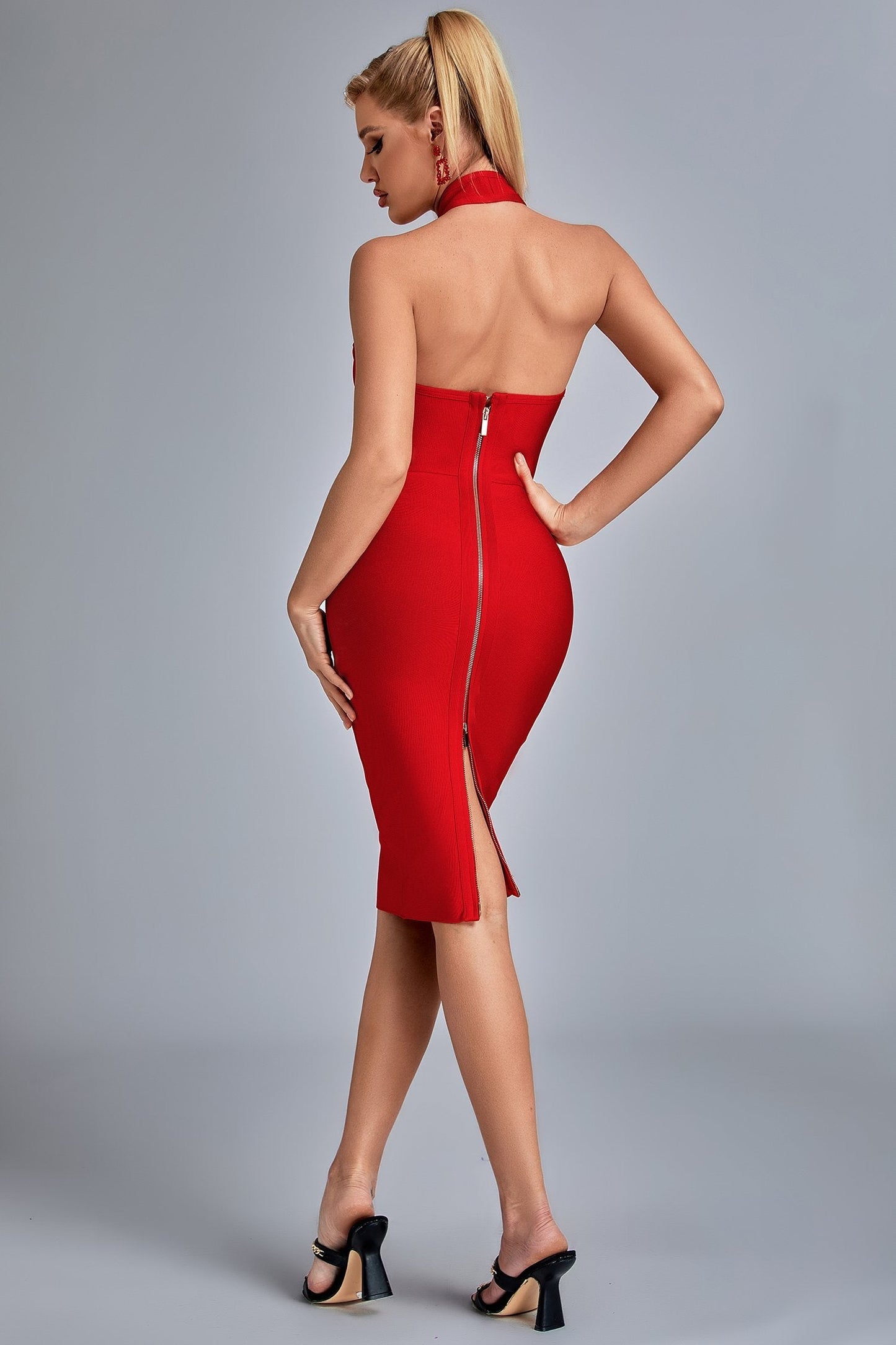 Backless Red Midi Bandage Dress