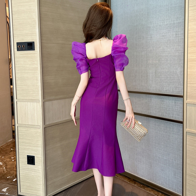 Pleated Puff Sleeve Purple Ball Gown