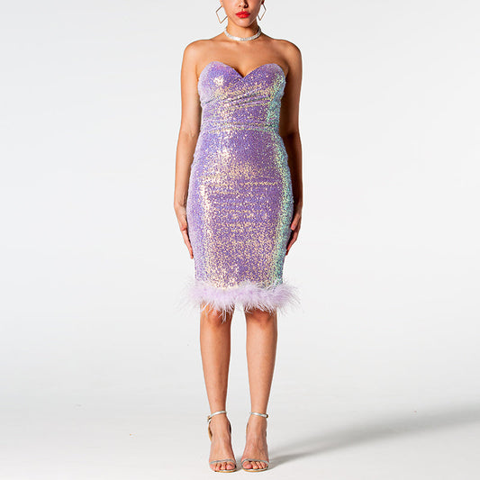 Strapless Sparkle Sequin Feather Dress