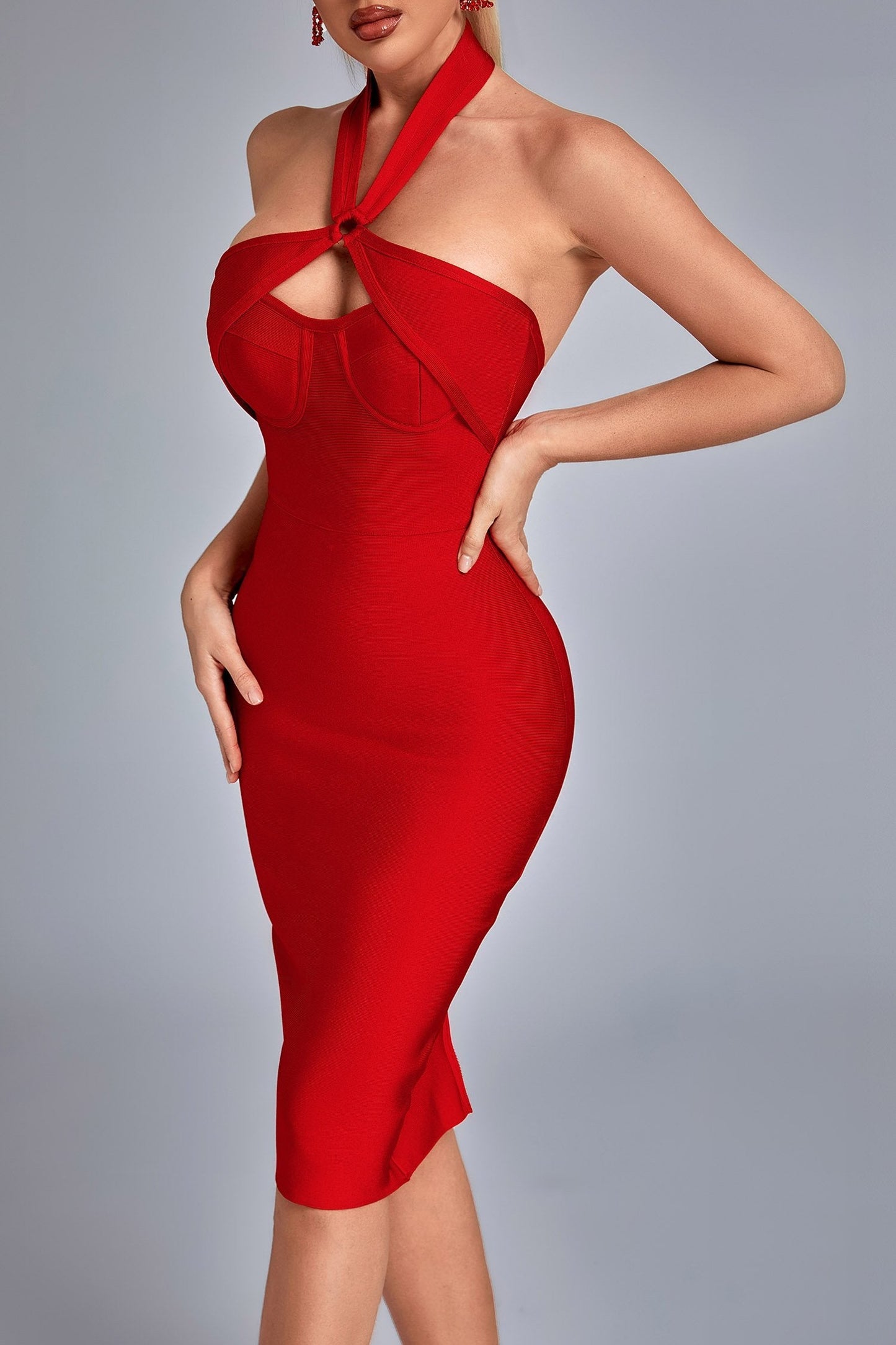 Backless Red Midi Bandage Dress