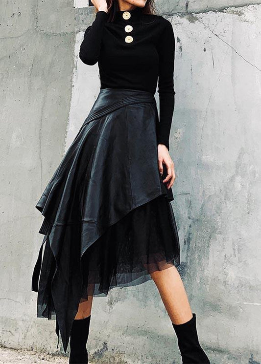  High Waist Spring Pu Stitching Lace A-line Skirt - Skirts - DYAVOR® 