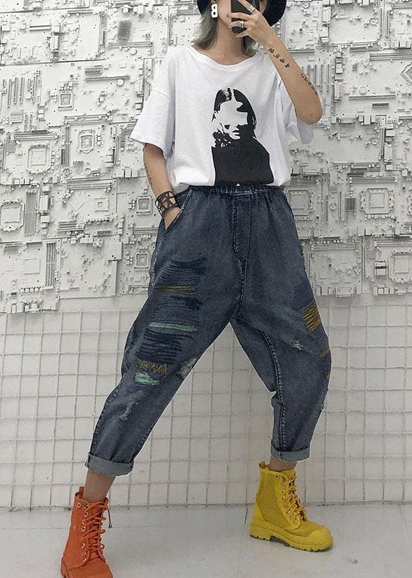  High waist summer nine points embroidery vintage broken hole carrot pants -  - DYAVOR® 