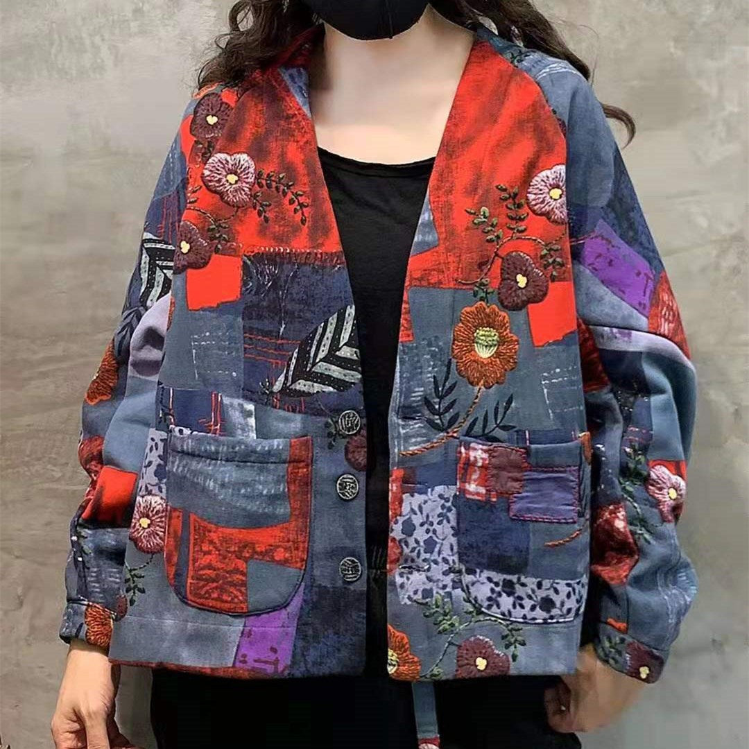  Hot Orange V Neck Pockets Loose Print Winter Cotton Coat - Down Jackets - DYAVOR® 