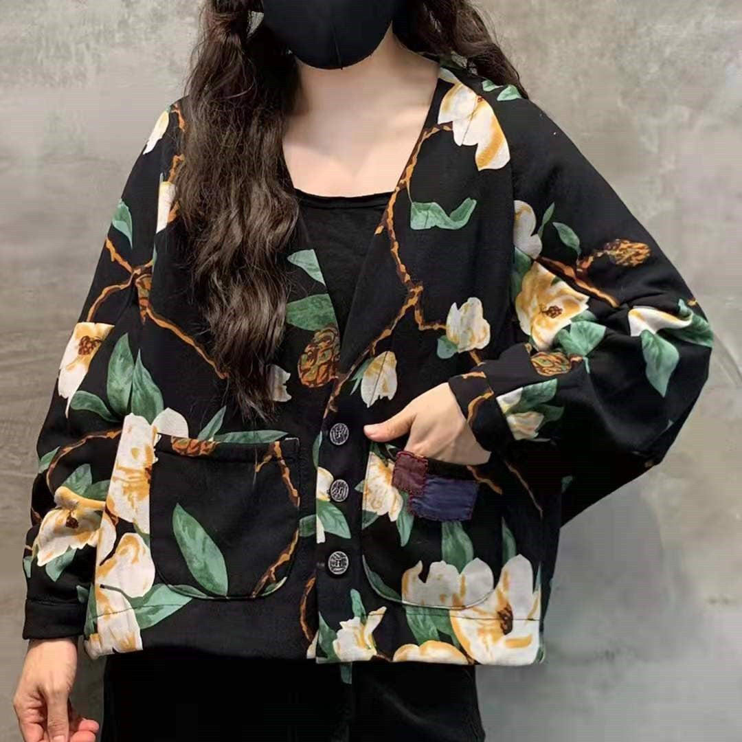  Hot Orange V Neck Pockets Loose Print Winter Cotton Coat - Down Jackets - DYAVOR® 
