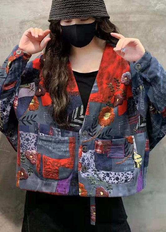  Hot Orange V Neck Pockets Loose Print Winter Cotton Coat - Down Jackets - DYAVOR® 