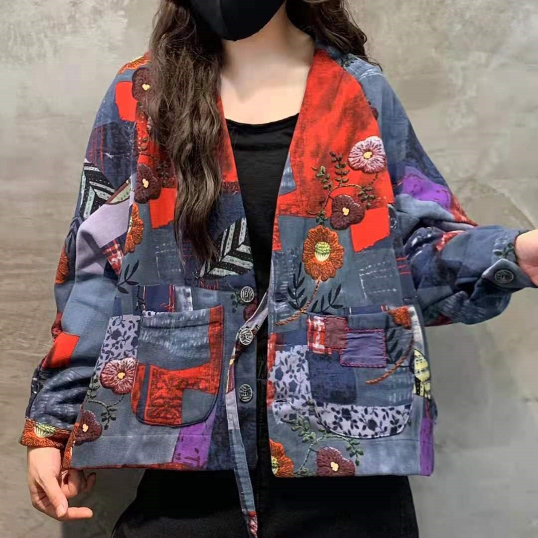  Hot Orange V Neck Pockets Loose Print Winter Cotton Coat - Down Jackets - DYAVOR® 