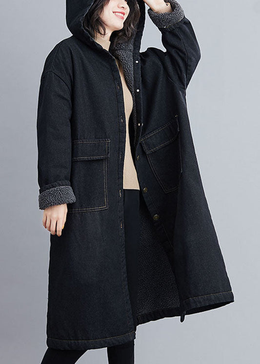  Italian Black Hooded Pockets Fleece Wool Lined Winter denim parka - Down Jackets - DYAVOR® 